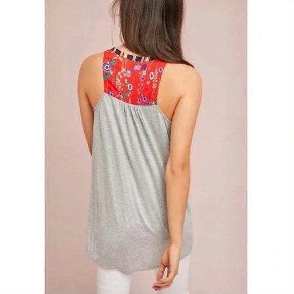 Anthropologie XS Tiny‎ Red Floral Mixed Media Gray Jersey Back Zuma Tank Top $98 - Picture 2 of 6